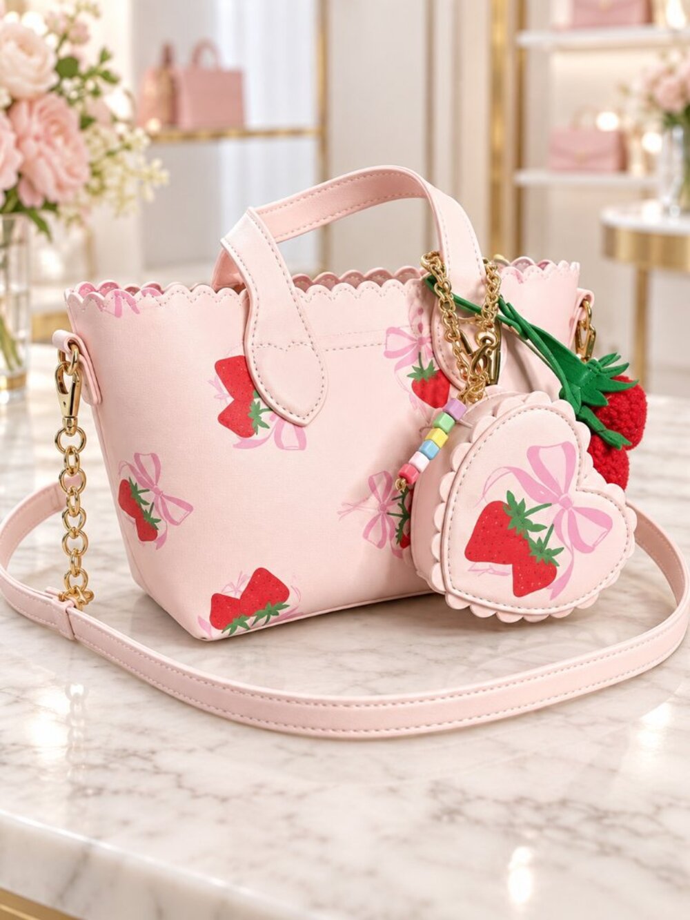 Juicy Couture Sweet Strawberry Mini Tote Pink Blush Crossbody Charm Set NWT